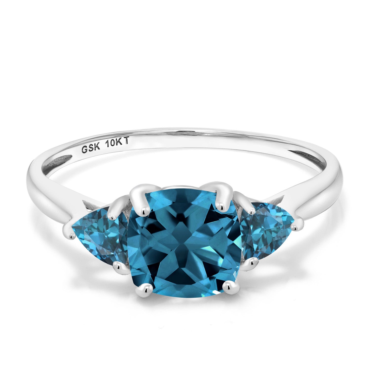 10K White Gold London Blue Topaz 3-Stone Engagement Ring | 2.39 Cttw | 7MM Cushion and 4MM Trillion | Three Stone Wedding Anniversary Promise Ring For Women