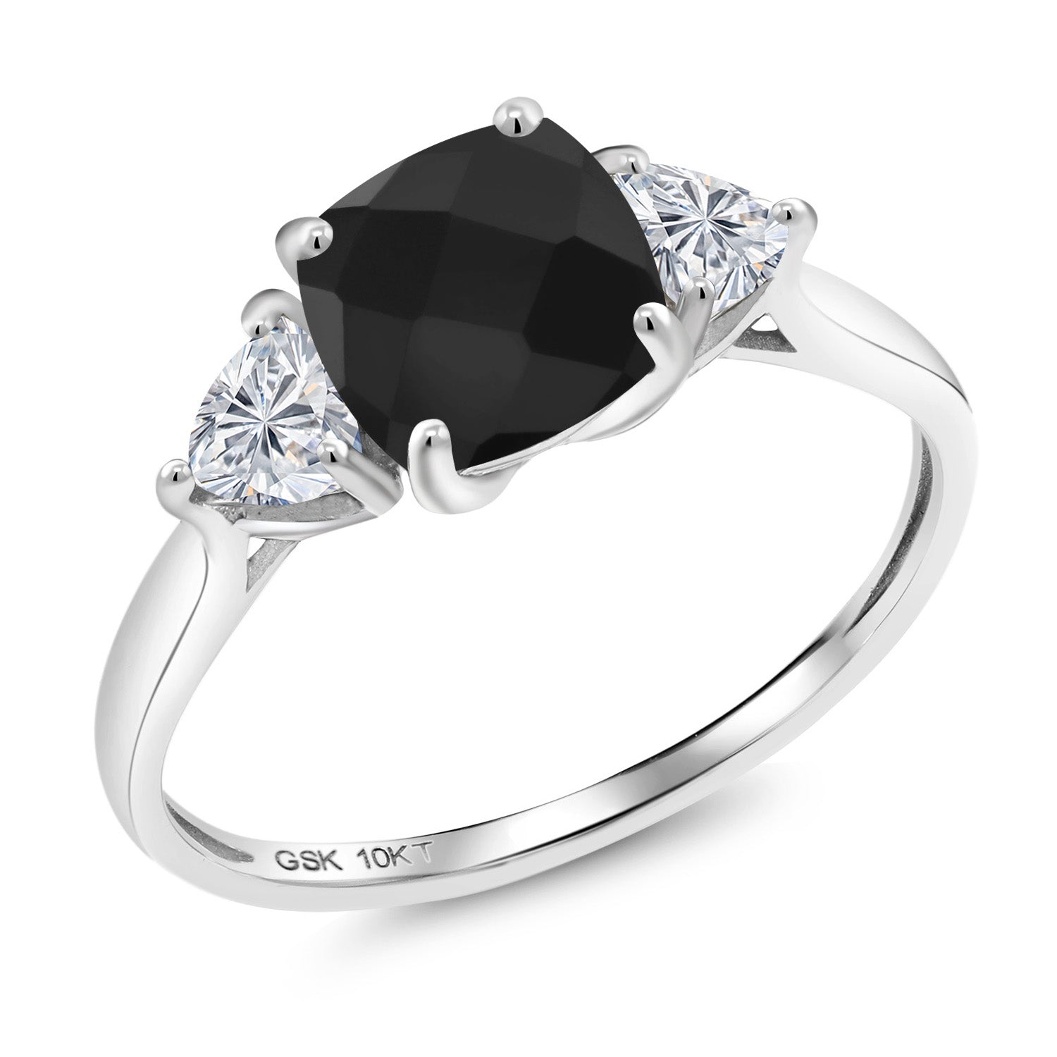 10K White Gold Black Onyx and Lab Grown Diamond Engagement Ring For Women | 1.91 Cttw | Cushion Checkerboard 7MM | Gemstone December Birthstone | Available in Size 5,6,7,8,9