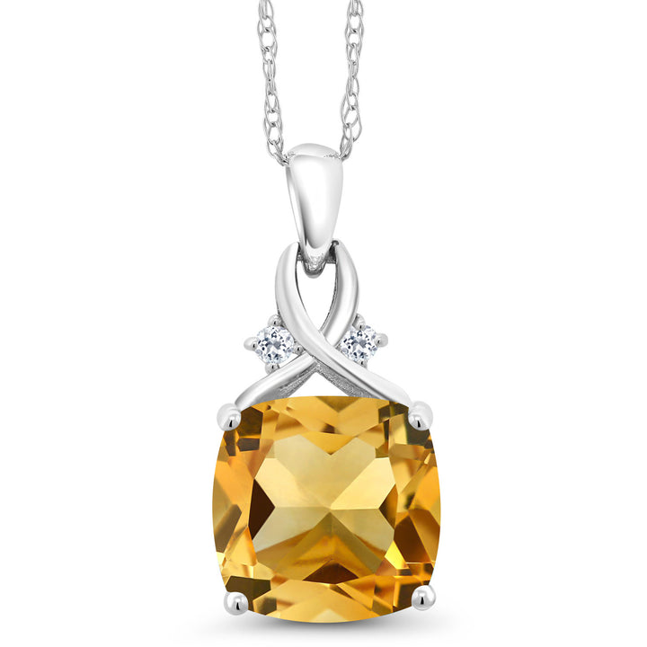 10K White Gold Yellow Citrine and White Topaz Pendant Necklace For Women (3.27 Cttw, Gemstone November Birthstone, Cushion Cut 10MM, with 18 Inch Chain)