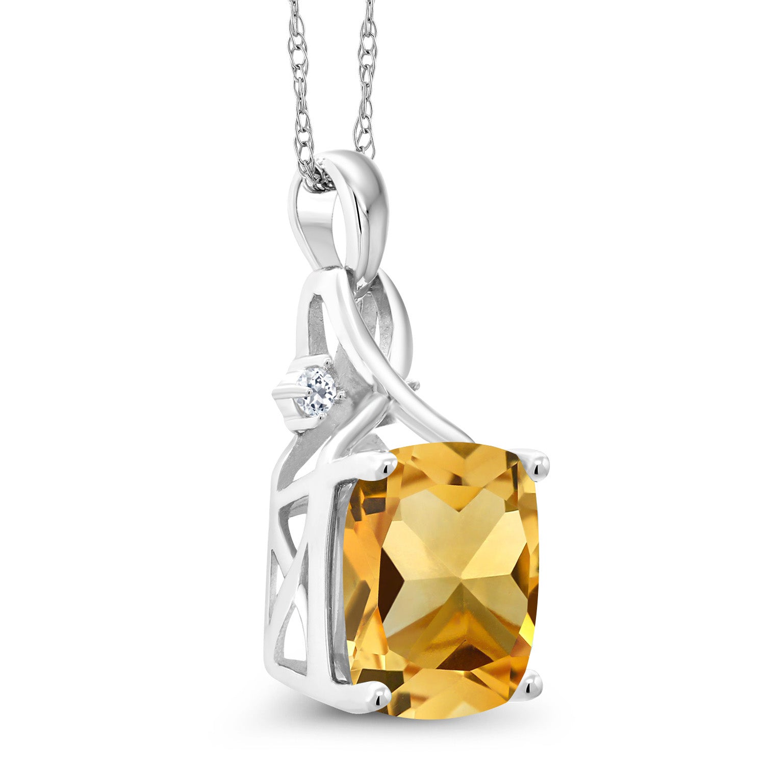 10K White Gold Yellow Citrine and White Topaz Pendant Necklace For Women (3.27 Cttw, Gemstone November Birthstone, Cushion Cut 10MM, with 18 Inch Chain)