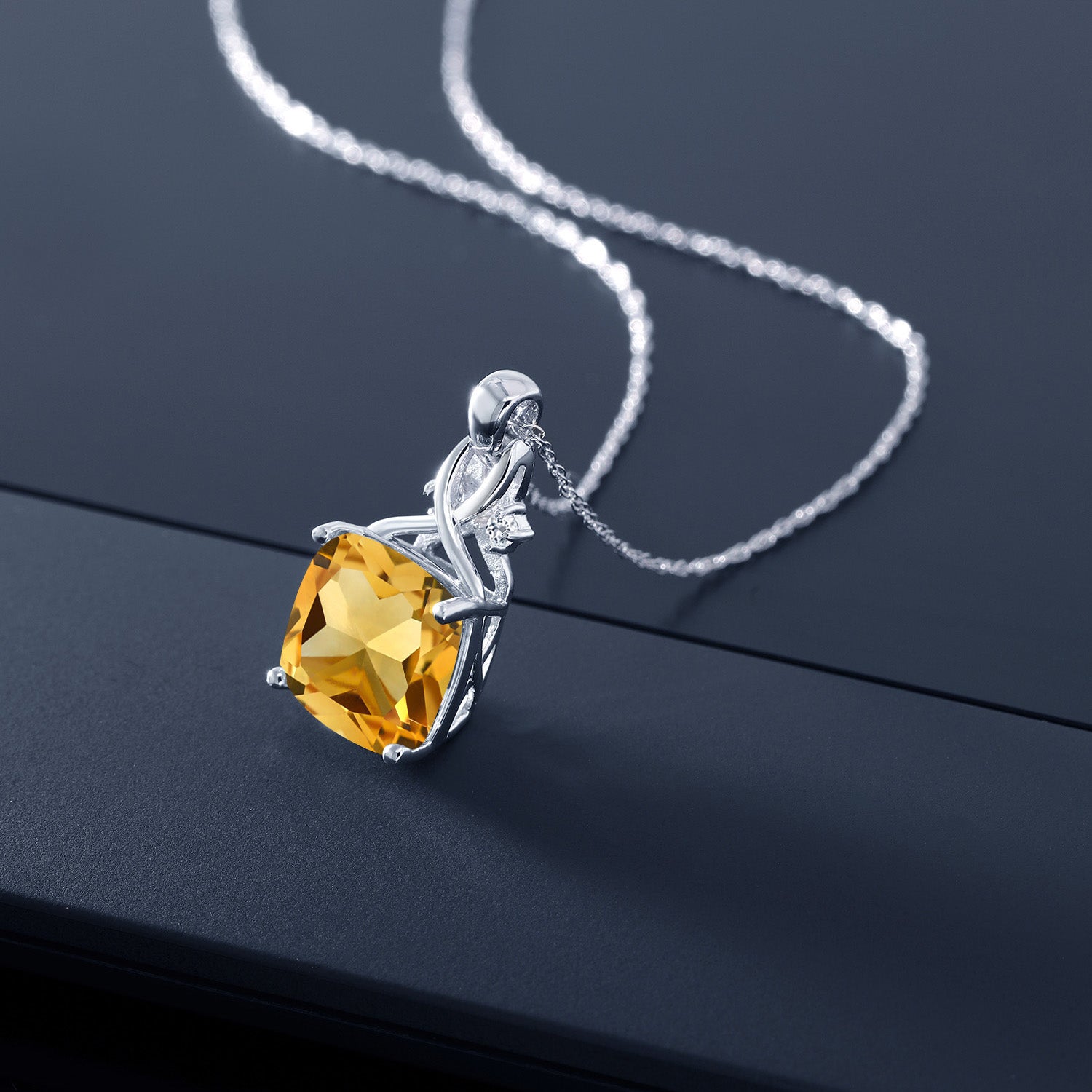 10K White Gold Yellow Citrine and White Topaz Pendant Necklace For Women (3.27 Cttw, Gemstone November Birthstone, Cushion Cut 10MM, with 18 Inch Chain)