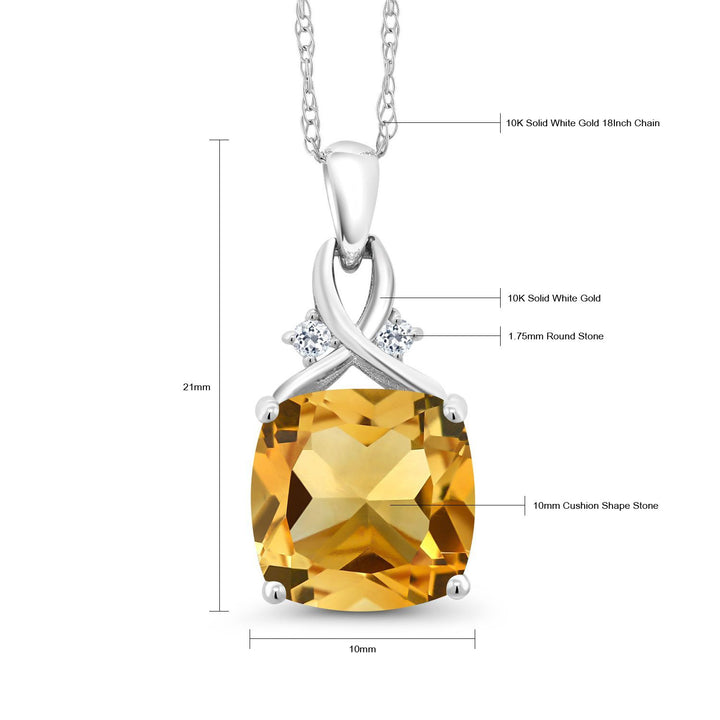 10K White Gold Yellow Citrine and White Topaz Pendant Necklace For Women (3.27 Cttw, Gemstone November Birthstone, Cushion Cut 10MM, with 18 Inch Chain)