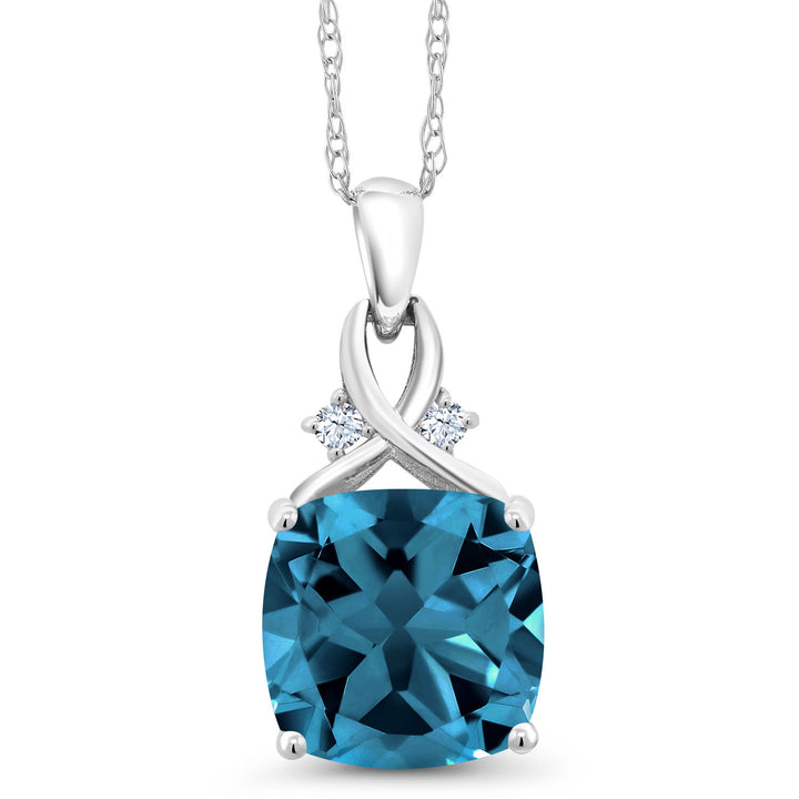 10K White Gold London Blue Topaz and White Created Sapphire Pendant Necklace For Women (4.41 Cttw, Gemstone November Birthstone, Cushion Cut 10MM, with 18 Inch Chain)