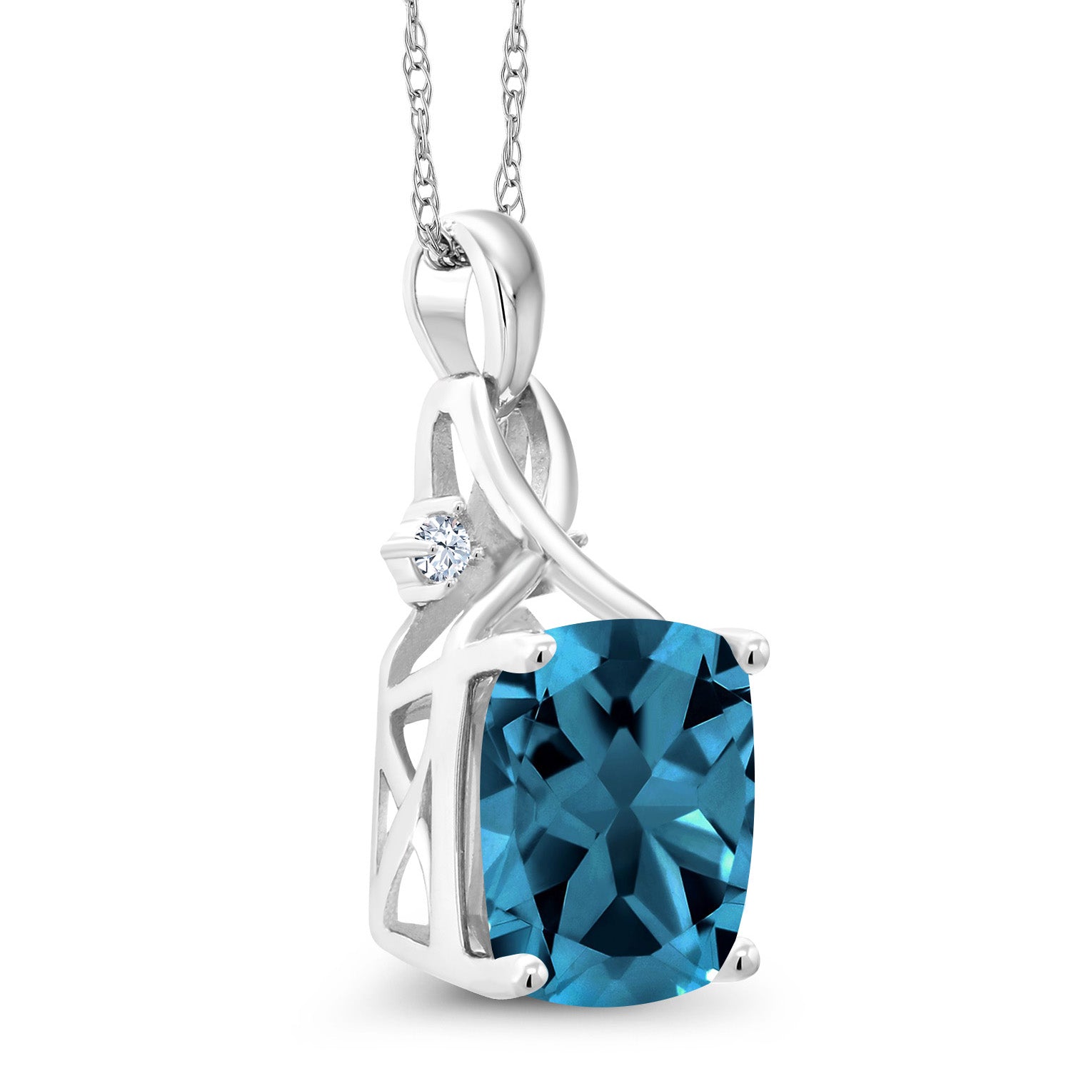 10K White Gold London Blue Topaz and White Created Sapphire Pendant Necklace For Women (4.41 Cttw, Gemstone November Birthstone, Cushion Cut 10MM, with 18 Inch Chain)