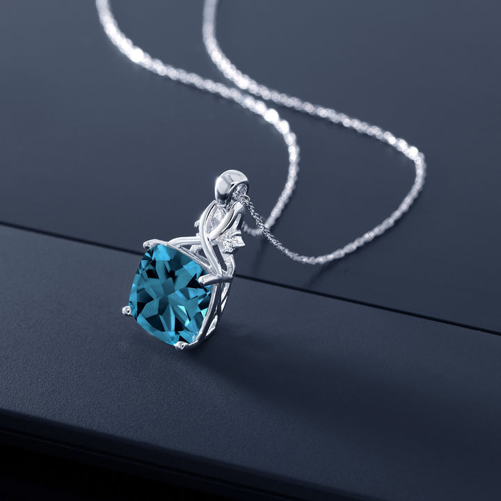 10K White Gold London Blue Topaz and White Created Sapphire Pendant Necklace For Women (4.41 Cttw, Gemstone November Birthstone, Cushion Cut 10MM, with 18 Inch Chain)