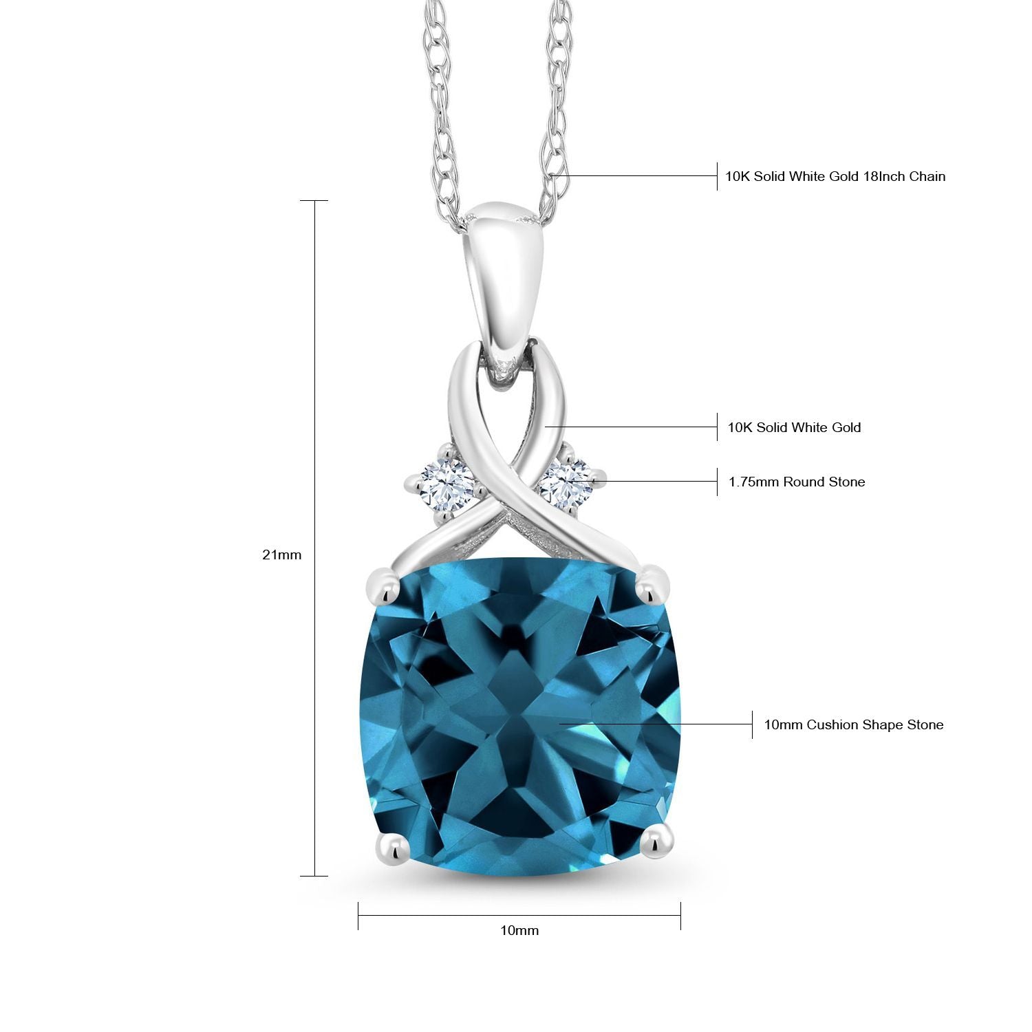 10K White Gold London Blue Topaz and White Created Sapphire Pendant Necklace For Women (4.41 Cttw, Gemstone November Birthstone, Cushion Cut 10MM, with 18 Inch Chain)