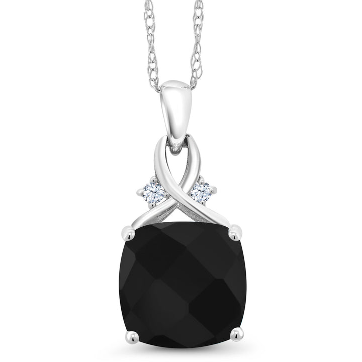 10K White Gold Black Onyx Pendant Necklace For Women (3.68 Cttw, Gemstone December Birthstone, Cushion Checkerboard Cut 10MM, with 18 Inch Chain)