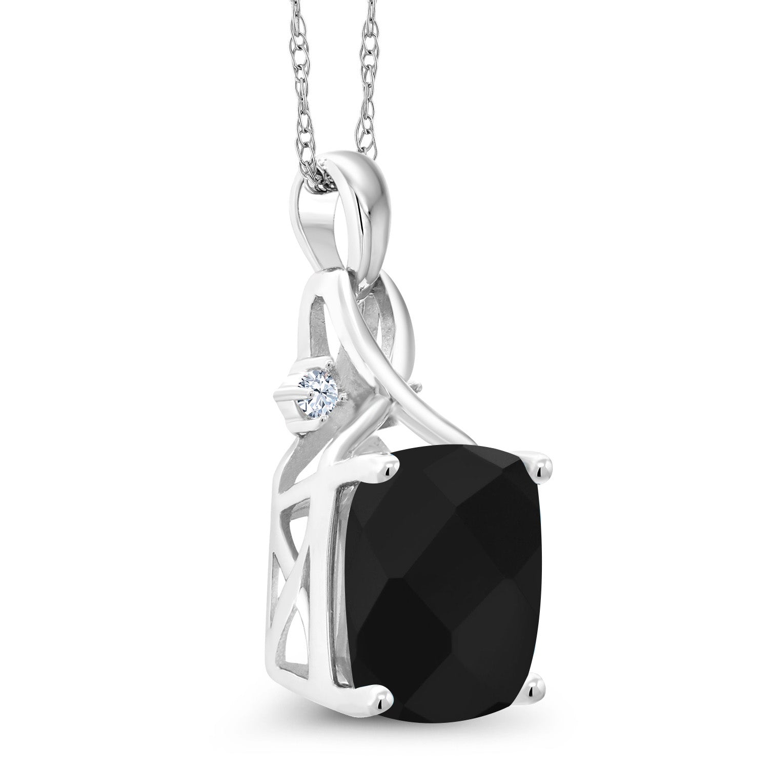 10K White Gold Black Onyx Pendant Necklace For Women (3.68 Cttw, Gemstone December Birthstone, Cushion Checkerboard Cut 10MM, with 18 Inch Chain)