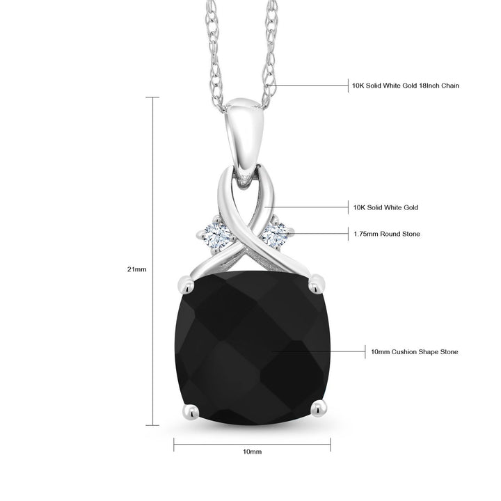 10K White Gold Black Onyx Pendant Necklace For Women (3.68 Cttw, Gemstone December Birthstone, Cushion Checkerboard Cut 10MM, with 18 Inch Chain)