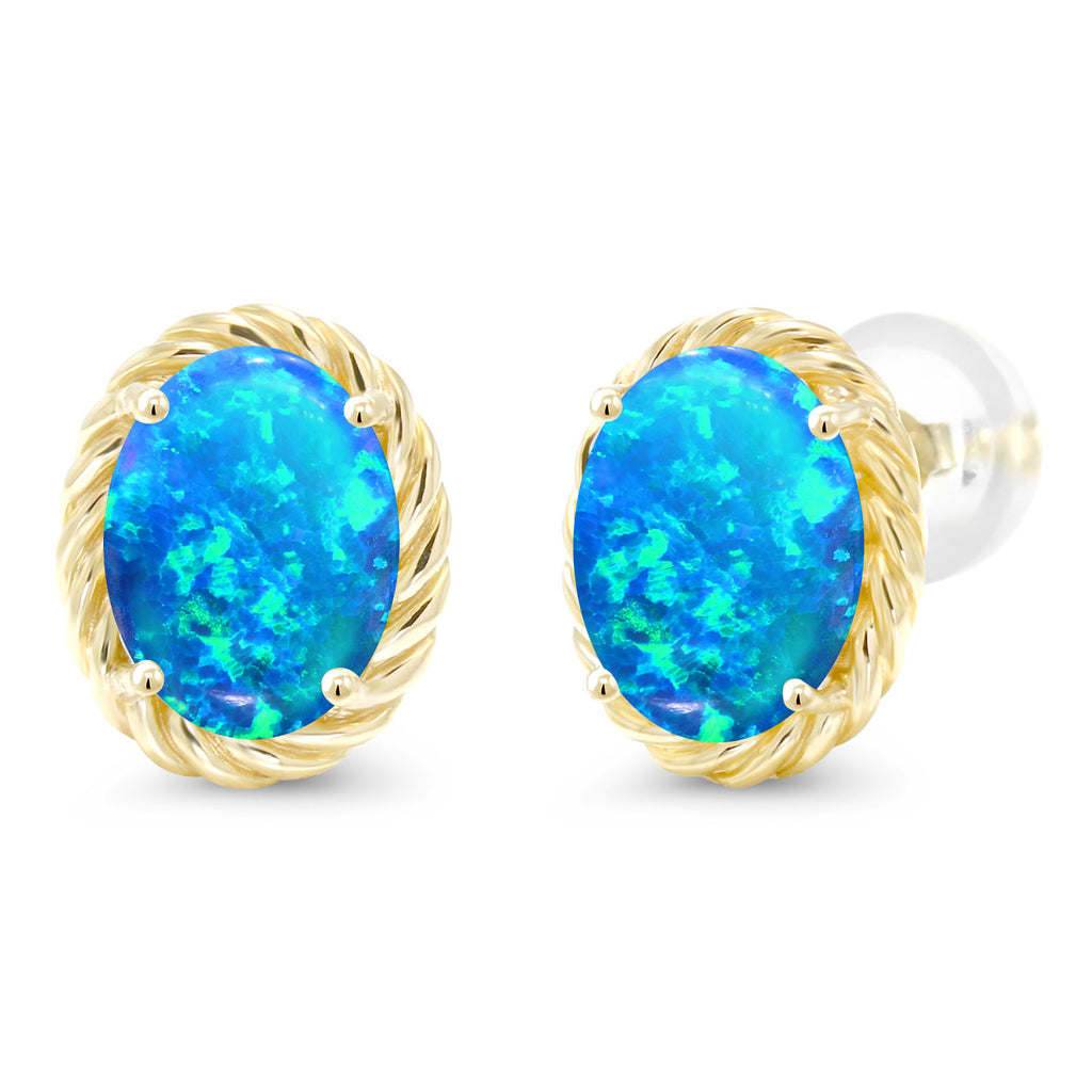 Blue Simulated Opal-Cabochon - October_Earrings in 14K Yellow Gold