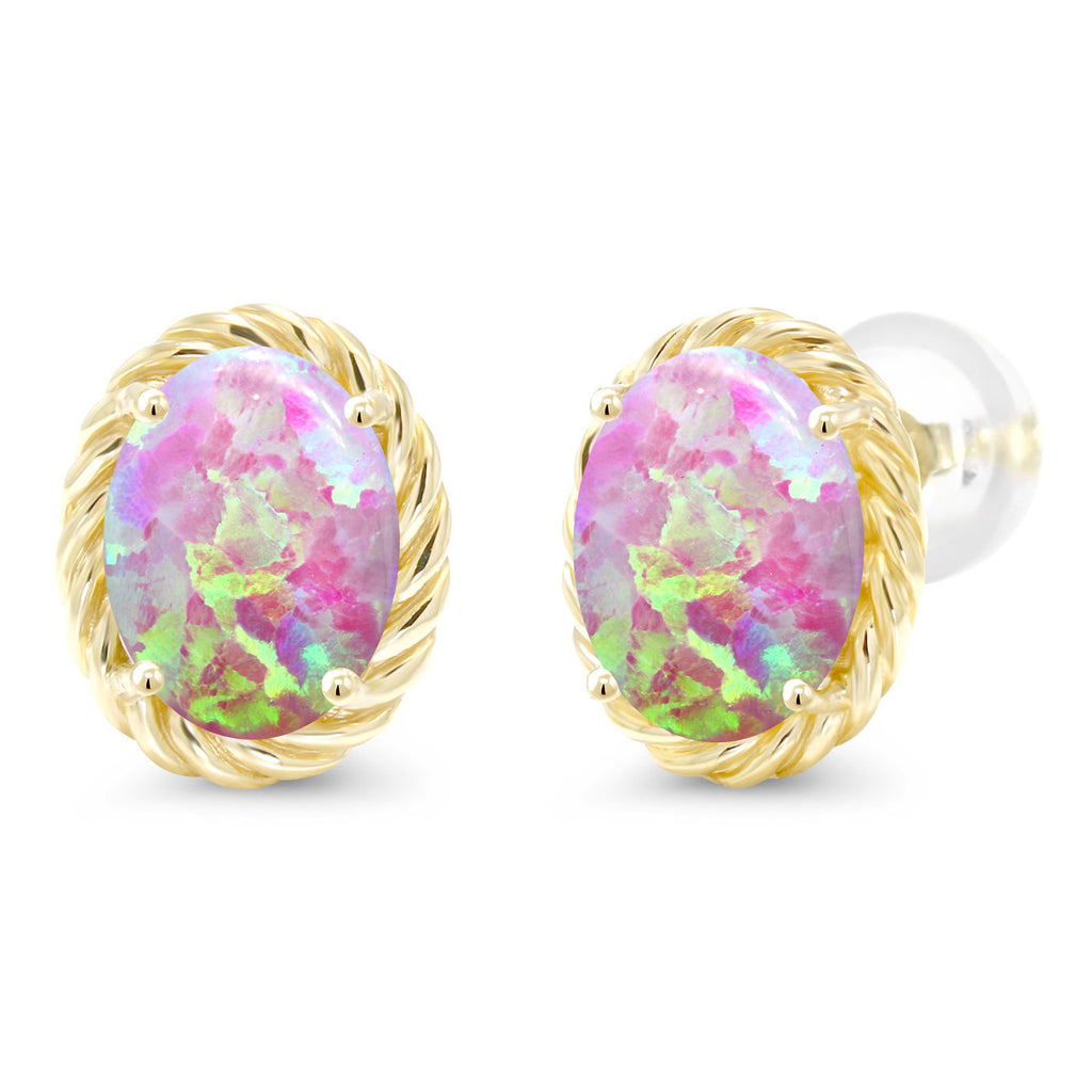 Pink Simulated Opal-Cabochon - October_Earrings in 14K Yellow Gold