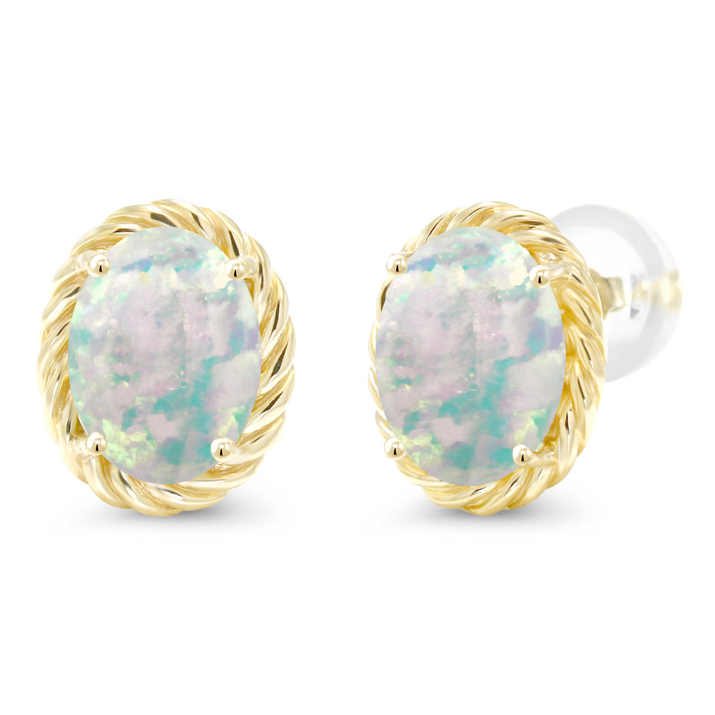White Simulated Opal-Cabochon - October_Earrings in 14K Yellow Gold