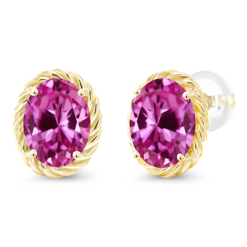 Pink Created Sapphire - September_Earrings in 14K Yellow Gold
