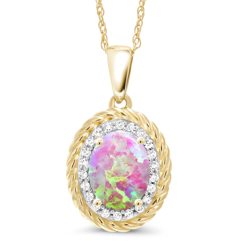 Pink Simulated Opal-Cabochon - October_Pendant in 14K Yellow Gold