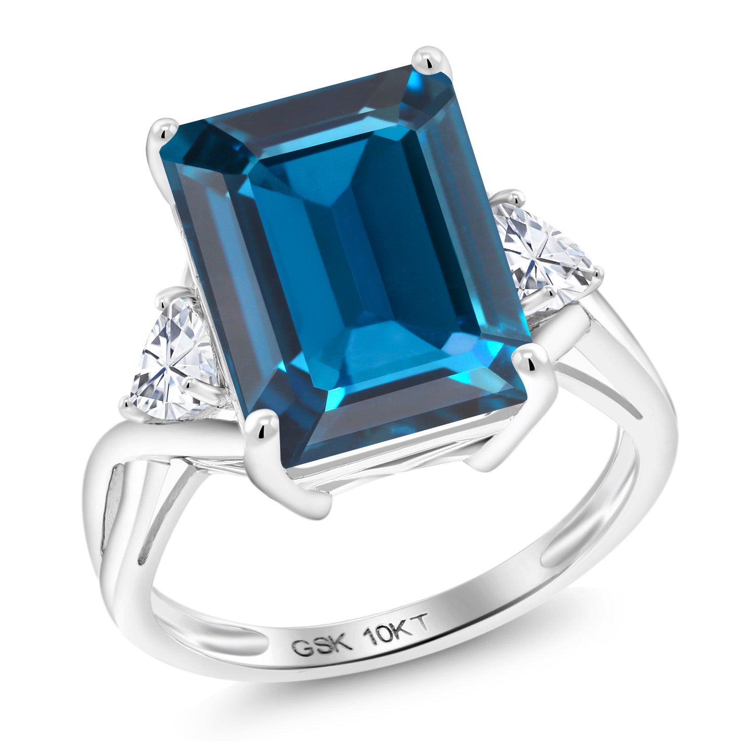 10K White Gold London Blue Topaz and White Moissanite 3 Stone Engagement Ring For Women (9.96 Cttw, Emerald Cut 14X10MM, Trillion 4MM, Available in Size 5,6,7,8,9)