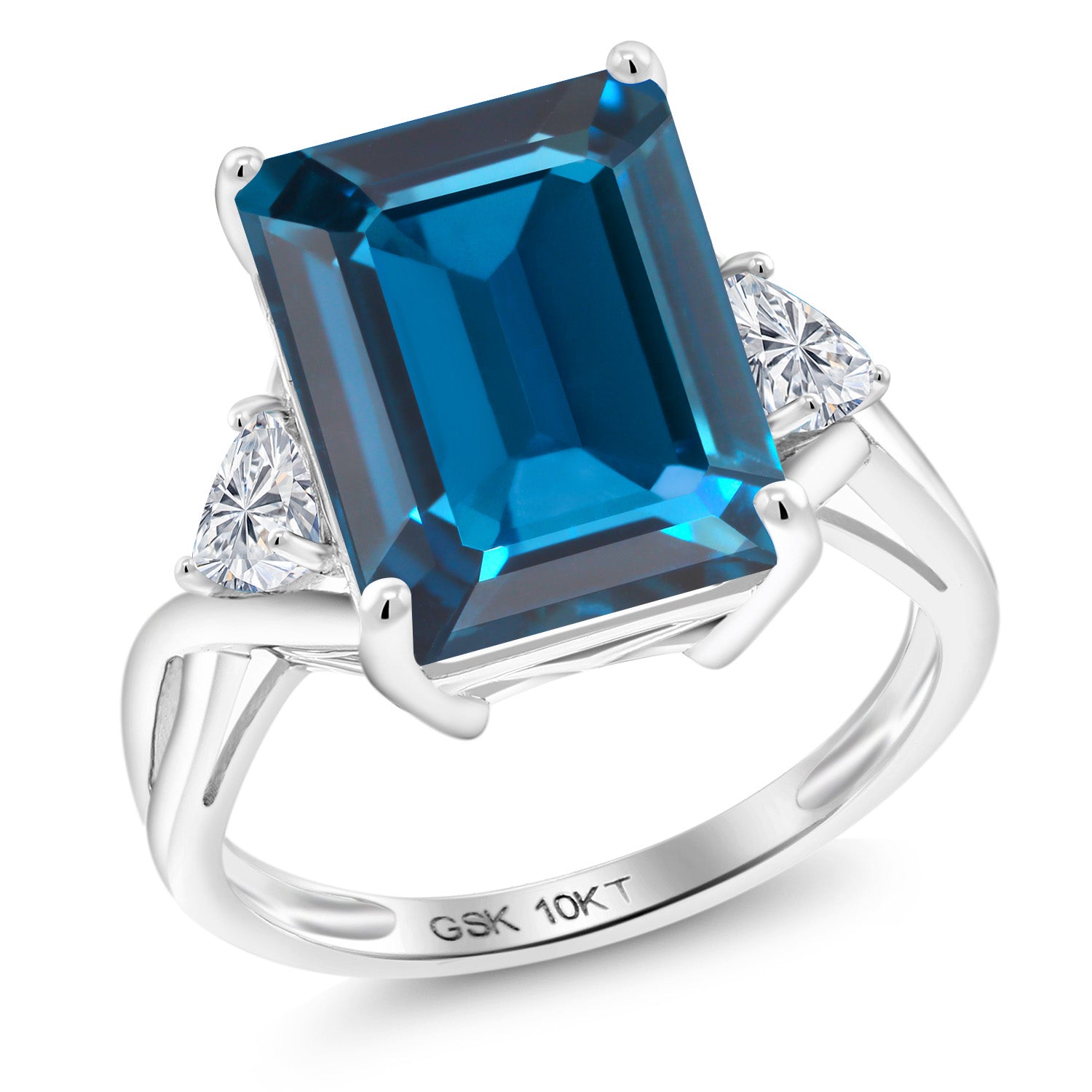 10K White Gold London Blue Topaz and Lab Grown Diamond Engagement Ring For Women | 9.94 Cttw | Emerald Cut 14X10MM | Gemstone November Birthstone | Available in Size 5,6,7,8,9