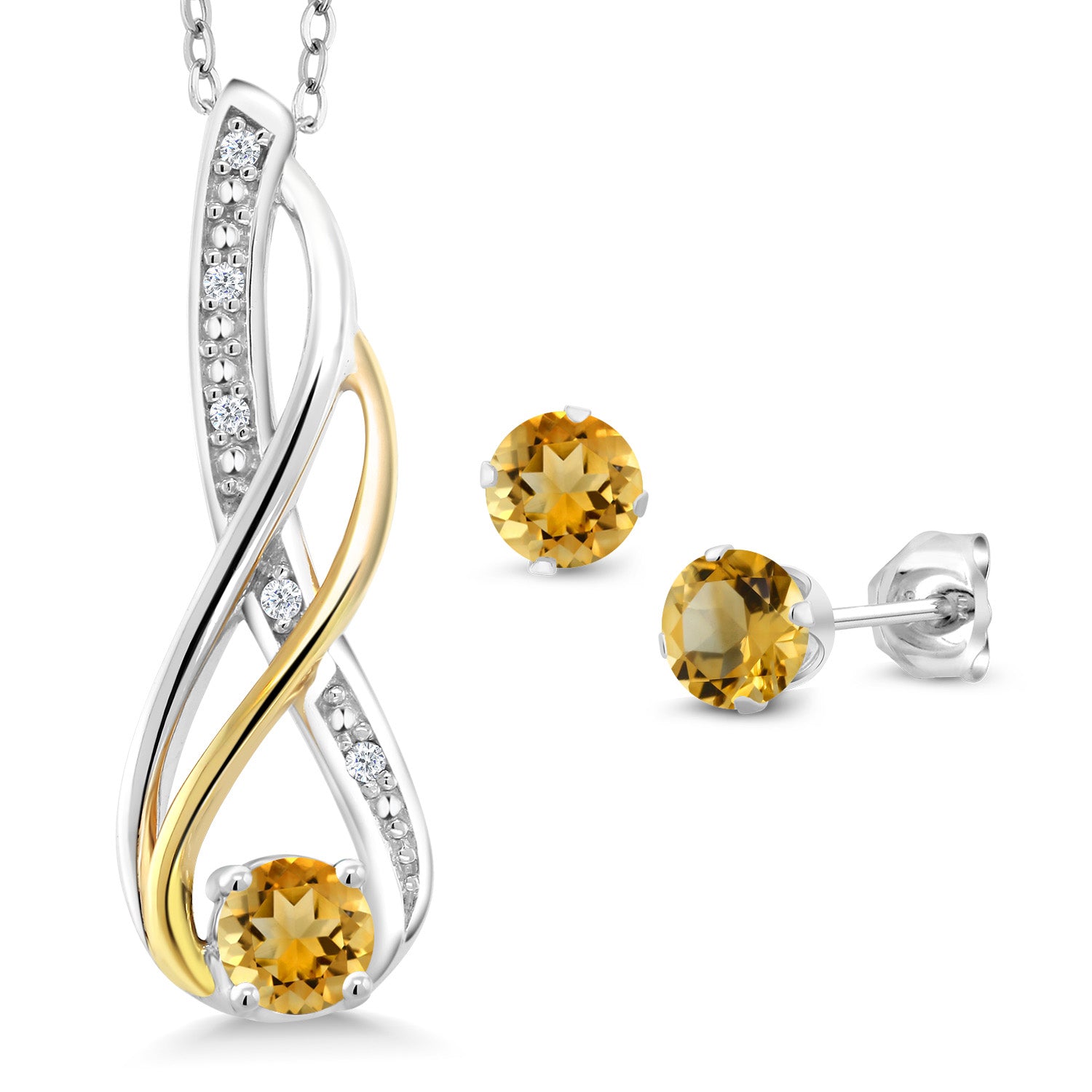 925 Sterling Silver and 10K Yellow Gold Yellow Citrine and Diamond Pendant and Earrings Jewelry Set For Women (0.82 Cttw, Gemstone Birthstone, with 18 Inch Chain)