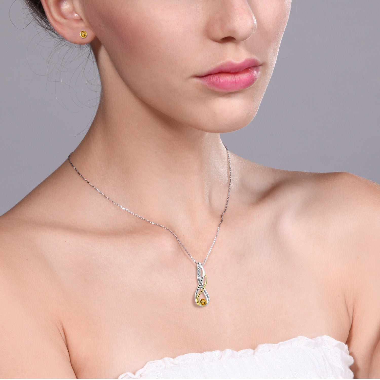 925 Sterling Silver and 10K Yellow Gold Yellow Citrine and Diamond Pendant and Earrings Jewelry Set For Women (0.82 Cttw, Gemstone Birthstone, with 18 Inch Chain)