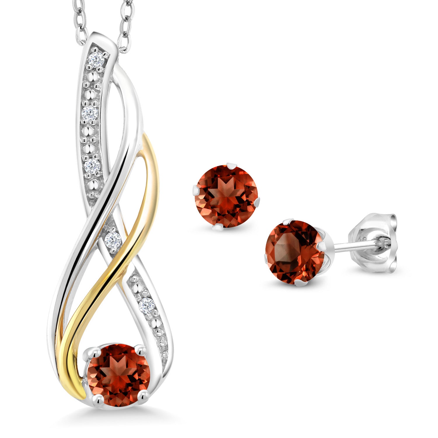 925 Sterling Silver and 10K Yellow Gold Red Garnet and Diamond Pendant and Earrings Jewelry Set For Women (1.15 Cttw, Gemstone Birthstone, with 18 Inch Chain)