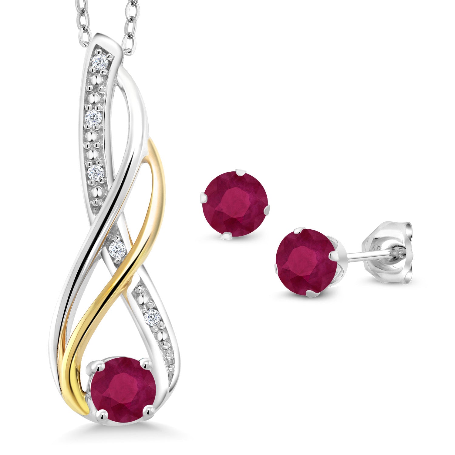 925 Silver and 10K Yellow Gold Red Ruby and Diamond Pendant and Earrings Jewelry Set For Women 0.94 Cttw, Gemstone Birthstone, with 18 Inch Chain