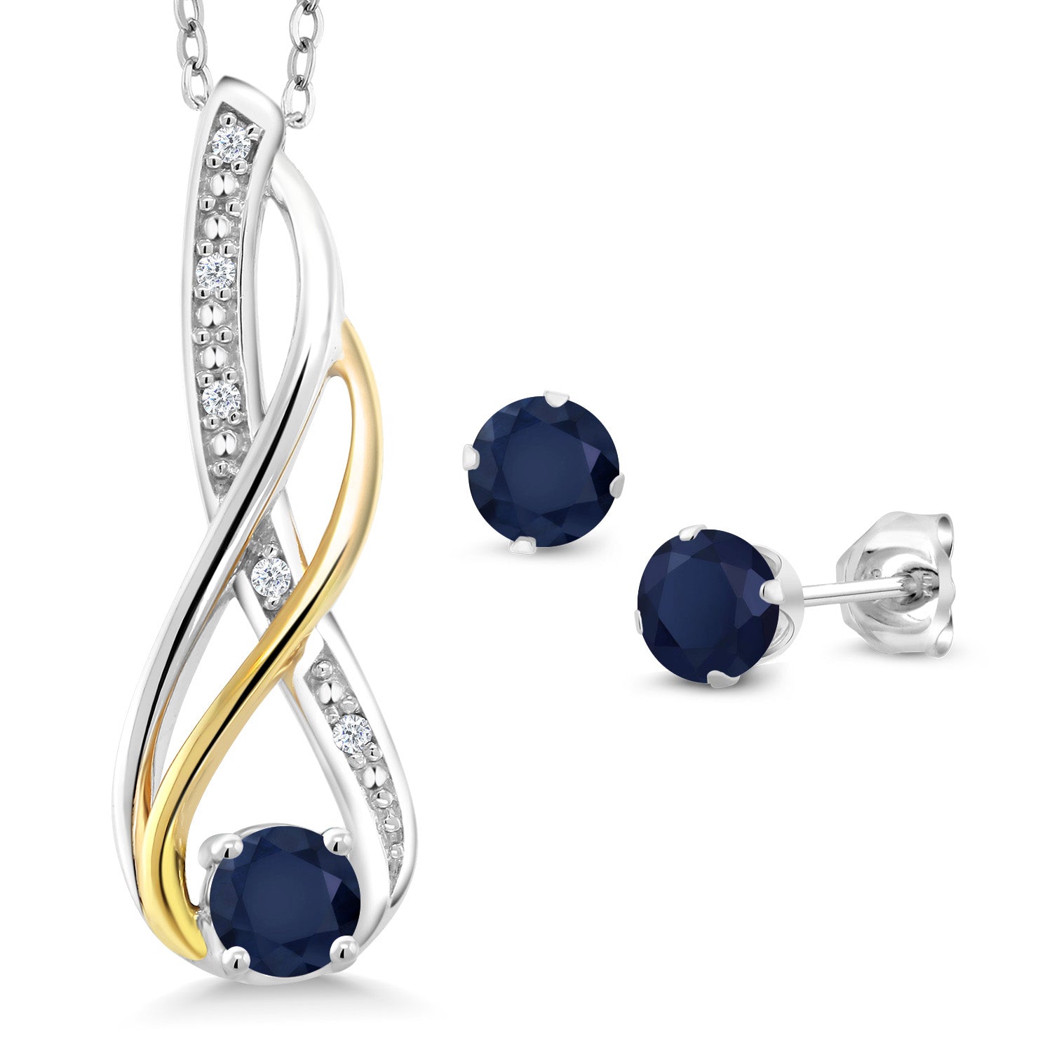 925 Sterling Silver and 10K Yellow Gold Blue Sapphire and White Diamond Pendant and Earrings Jewelry Set For Women (1.12 Cttw, Gemstone Birthstone, with 18 Inch Chain)