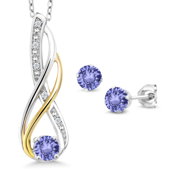 925 Sterling Silver and 10K Yellow Gold Blue Tanzanite and Diamond Pendant and Earrings Jewelry Set For Women (0.94 Cttw, Gemstone Birthstone, with 18 Inch Chain)