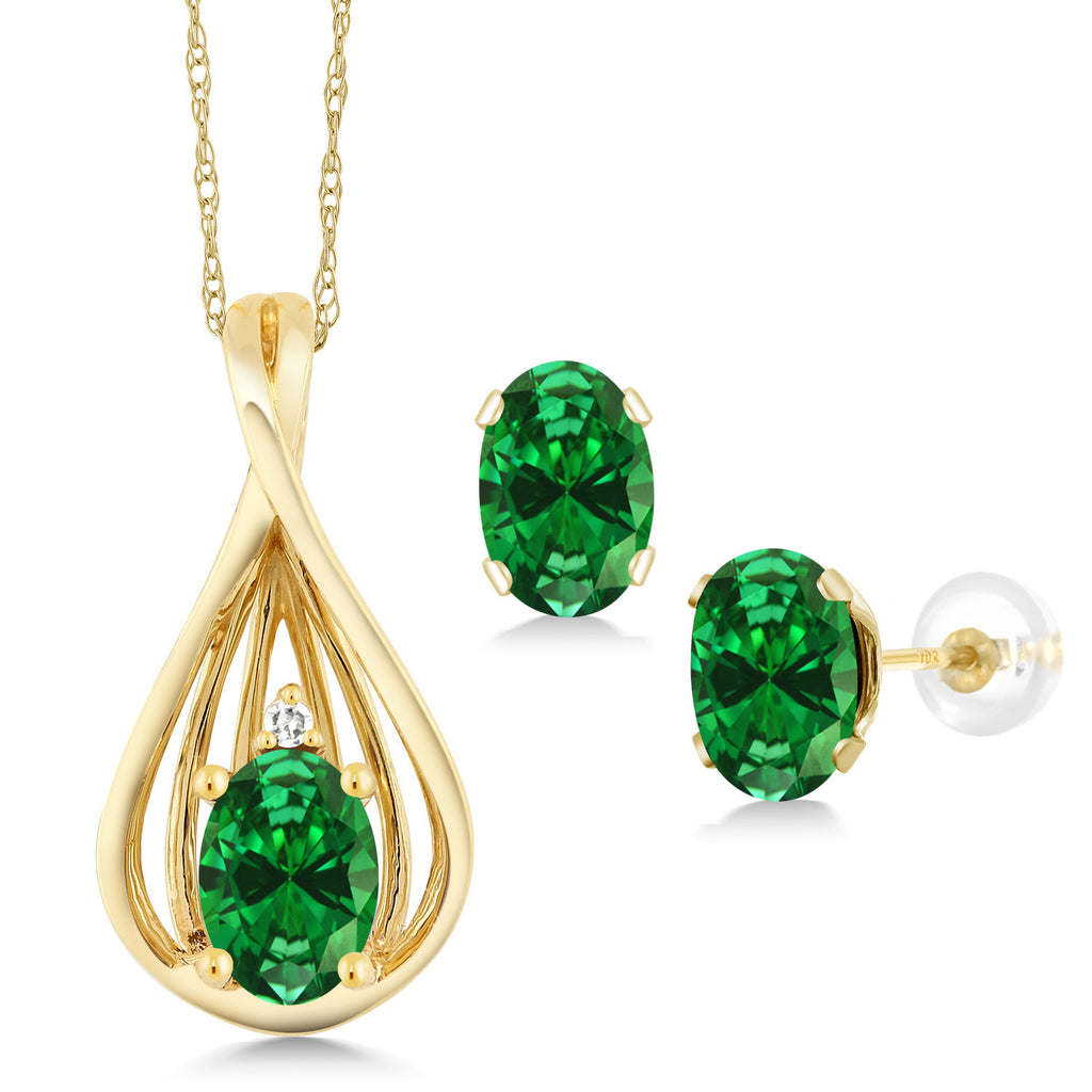 Created Emerald - May_Pendant Earrings Set in 10K Yellow Gold