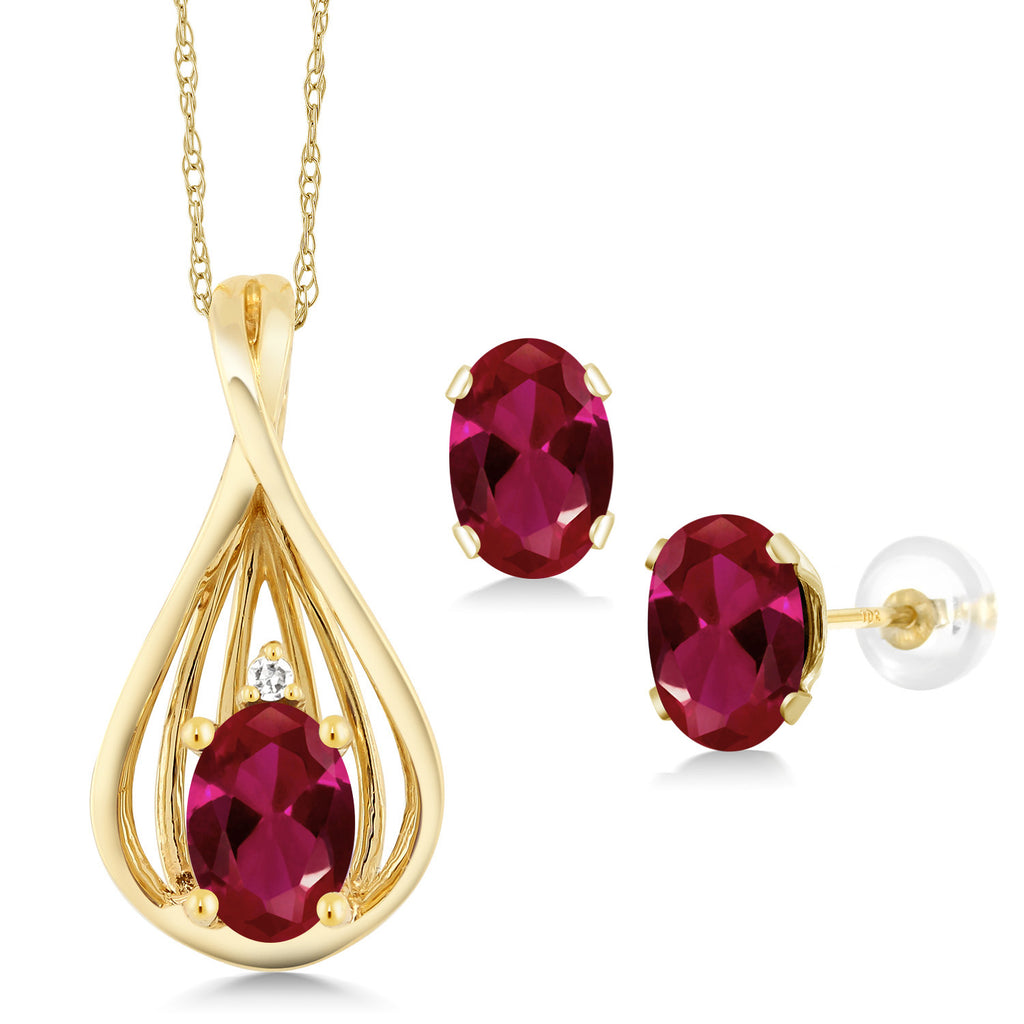 Created Ruby - July_Pendant Earrings Set in 10K Yellow Gold