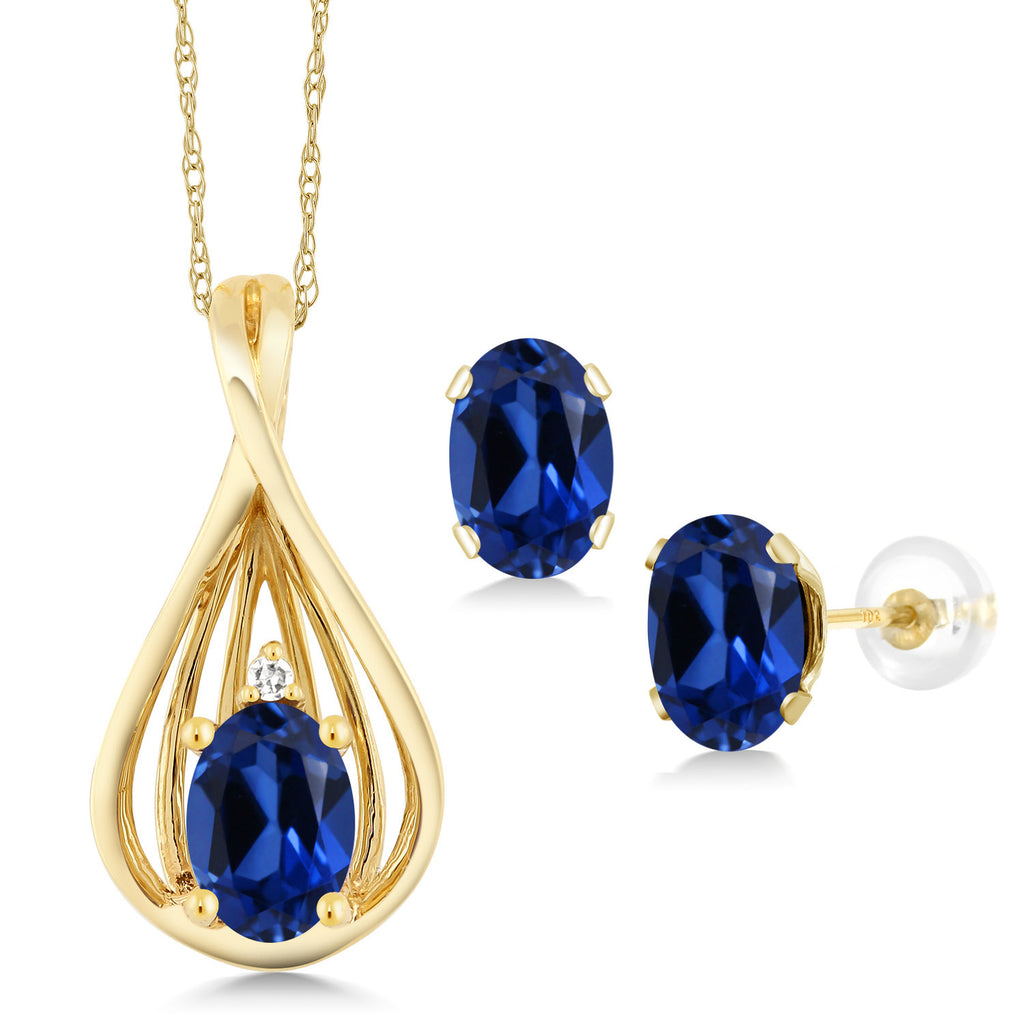 Blue Created Sapphire - September_Pendant Earrings Set in 10K Yellow Gold