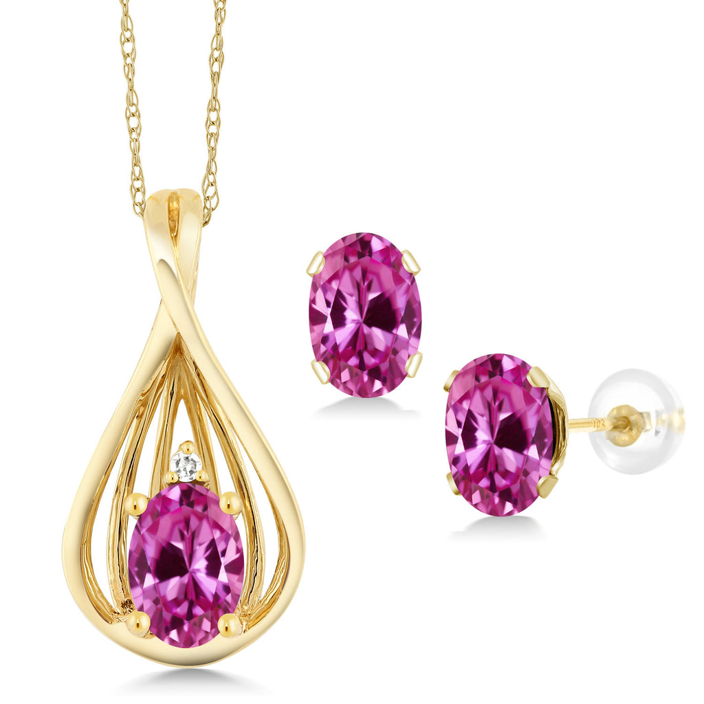 Pink Created Sapphire - September_Pendant Earrings Set in 10K Yellow Gold