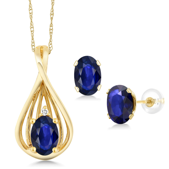 1.66 Cttw 10K Yellow Gold Blue Sapphire and White Diamond Pendant Earrings Jewelry Set For Women | Gemstone September Birthstone | Oval 6X4MM