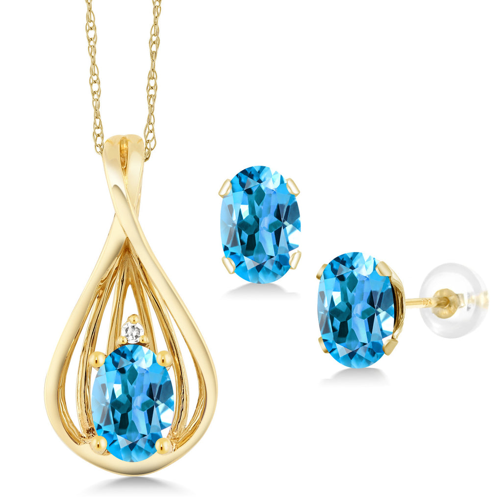 Swiss Blue Topaz - November_Pendant Earrings Set in 10K Yellow Gold