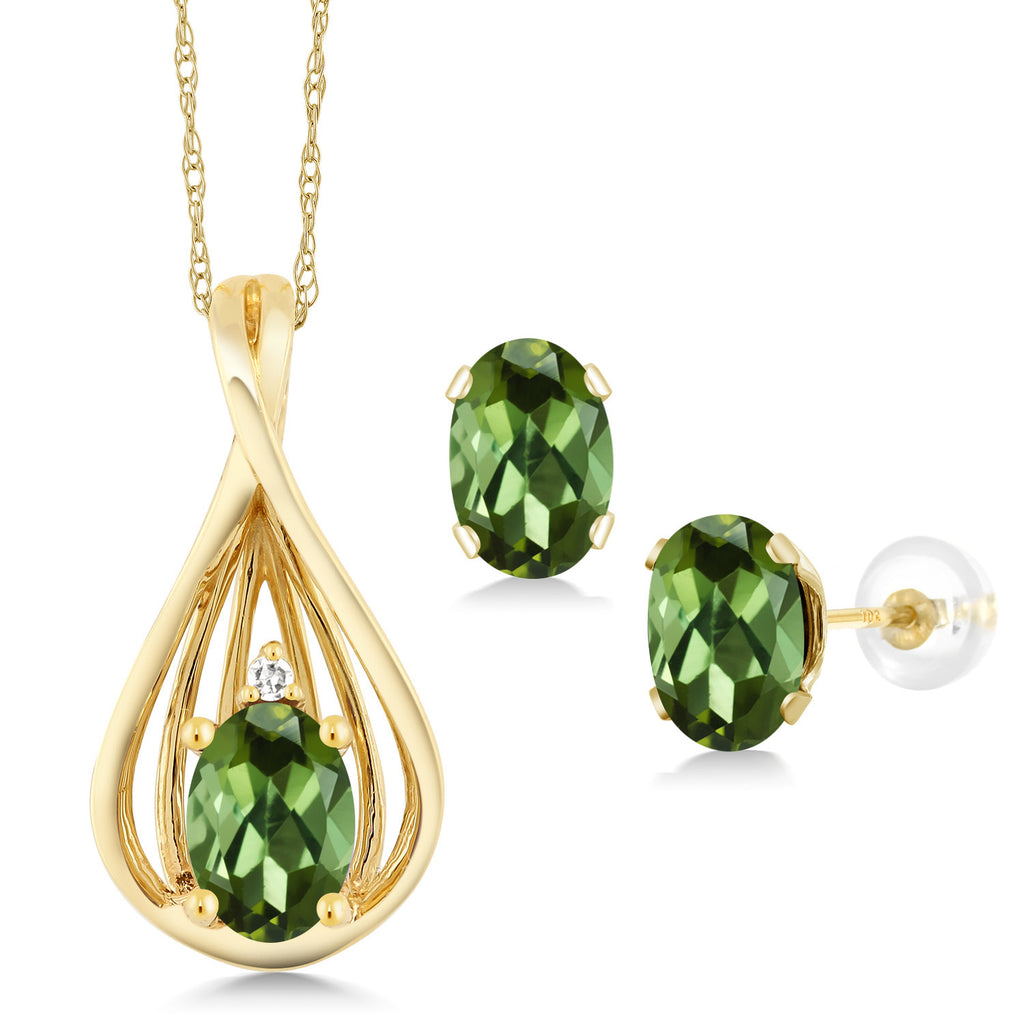 Green Tourmaline - October_Pendant Earrings Set in 10K Yellow Gold