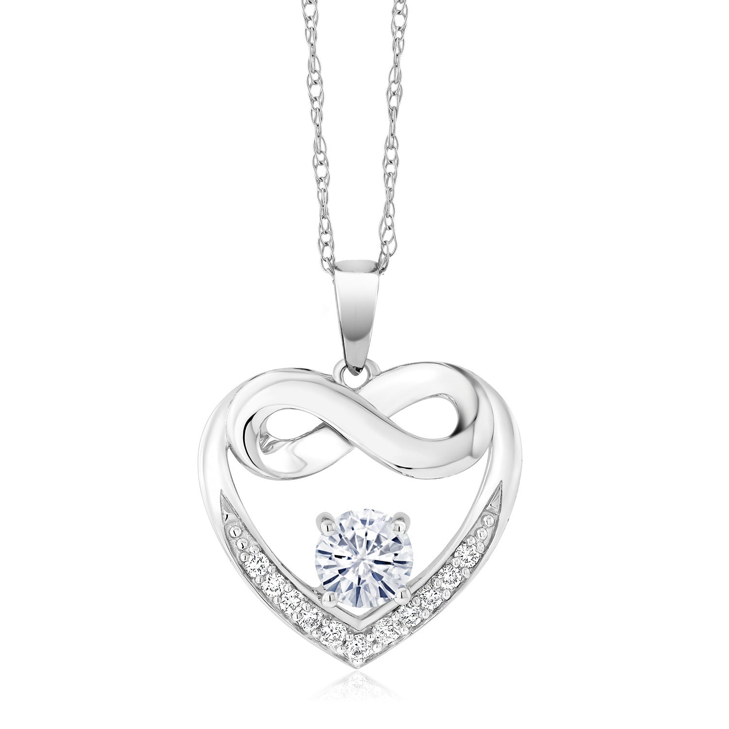 10K White Gold White Moissanite and White Lab Grown Diamond Heart and Infinity Pendant Necklace For Women (0.92 Cttw, Round 5MM, with 18 Inch Silver Chain)