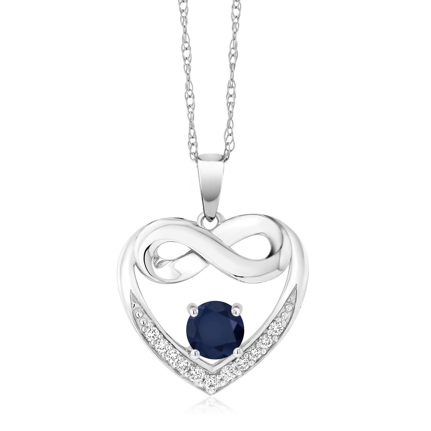 10K White Gold Blue Sapphire and White Lab Grown Diamond Heart and Infinity Pendant Necklace For Women (1.02 Cttw, Round 5MM, with 18 Inch Silver Chain)