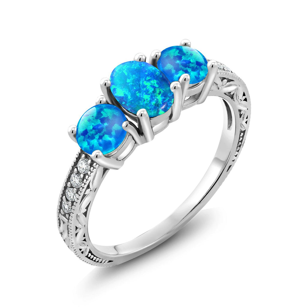Blue Simulated Opal - October_7_Ring in 10K White Gold