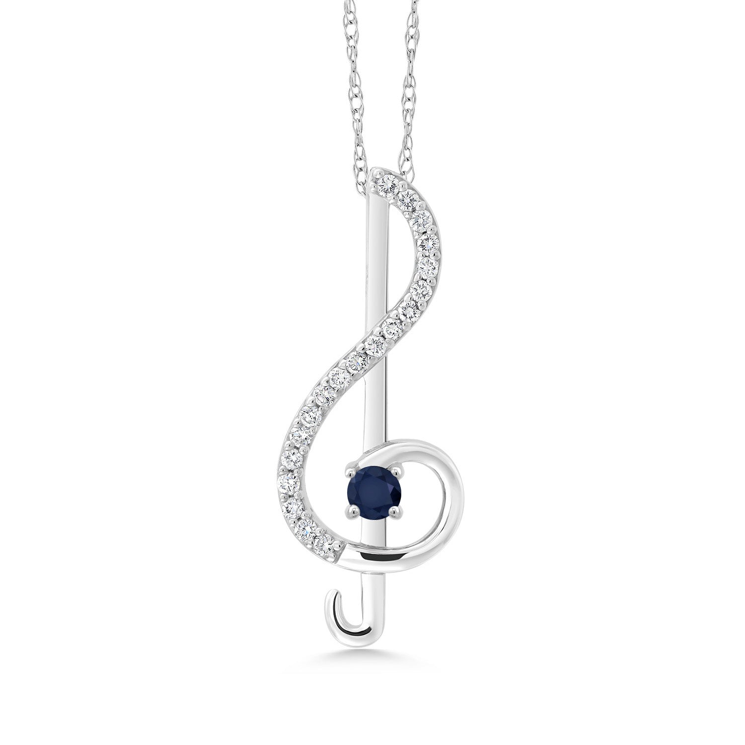 Blue Sapphire and White Lab Grown Diamond Treble Clef Music Pendant Necklace For Women By Keren Hanan In 10K White Gold | 0.30 Cttw | With 18 Inch Chain