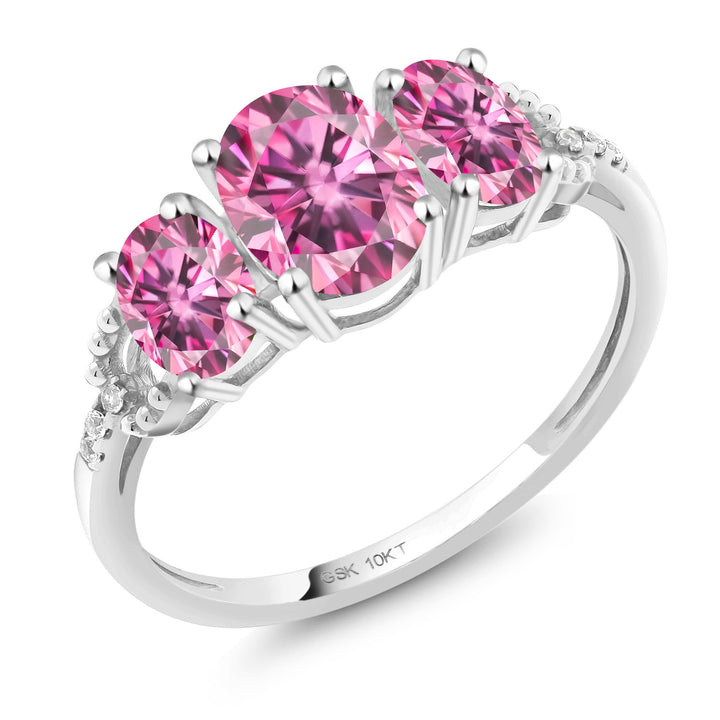 10K White Gold Pink Moissanite and White Diamond Engagement 3-Stone Engagement Ring For Women (1.84 Cttw, Available in Size 5,6,7,8,9)