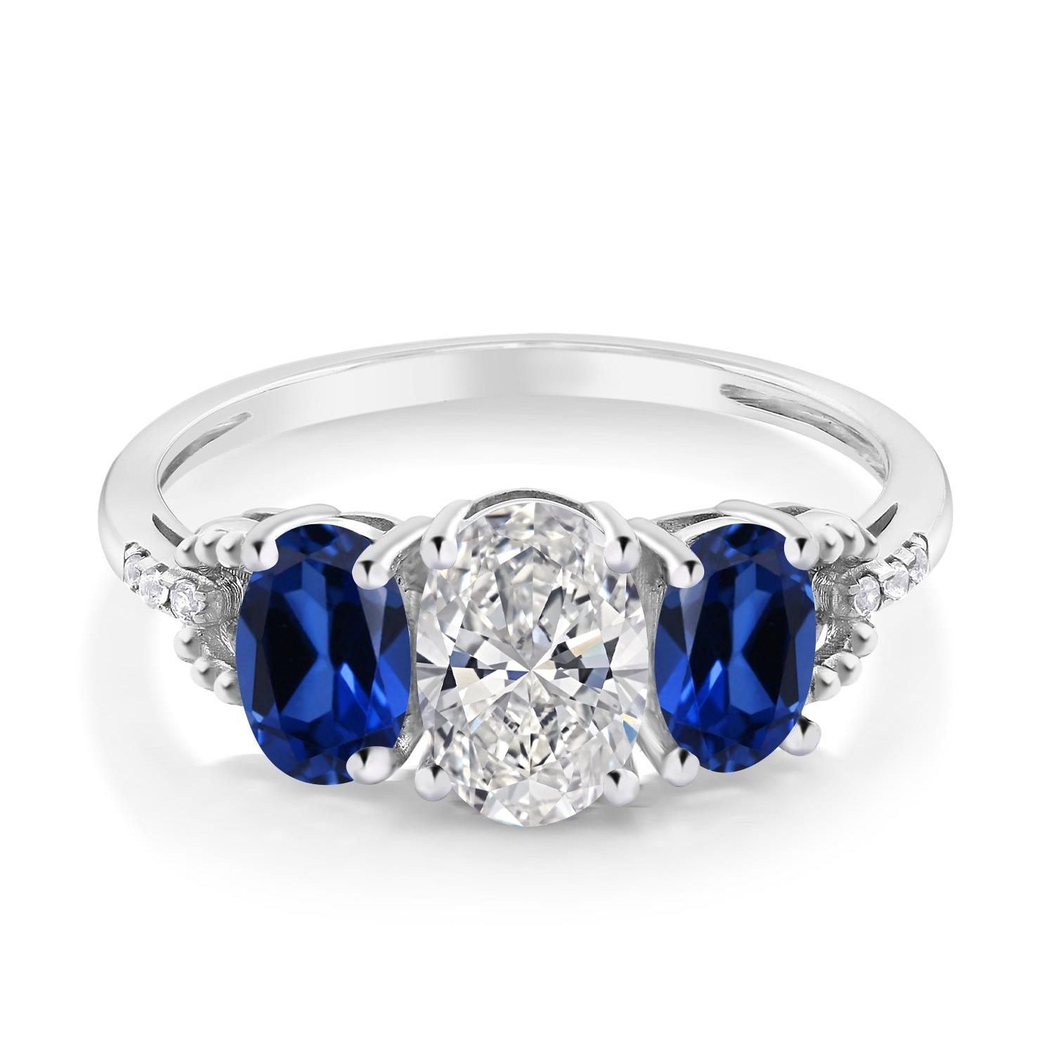 2.22 Cttw 10K White Gold IGI Certified Lab Grown Diamond and Blue Created Sapphire 3-Stone Engagement Ring | Center Oval Diamond 1.00 Ct | F-G Color | VS1 Clarity | Size 5,6,7,8,9