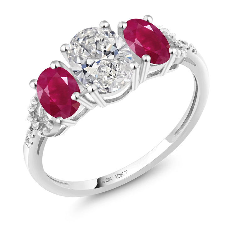 10K White Gold IGI Certified Lab Grown Diamond and Red Ruby 3-Stone Engagement Ring | 2.22 Cttw | Center Oval Diamond 1.00 Ct | E-F Color | VS1-VS2 Clarity