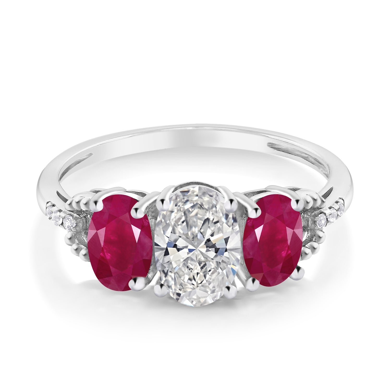 10K White Gold IGI Certified Lab Grown Diamond and Red Ruby 3-Stone Engagement Ring | 2.22 Cttw | Center Oval Diamond 1.00 Ct | E-F Color | VS1-VS2 Clarity