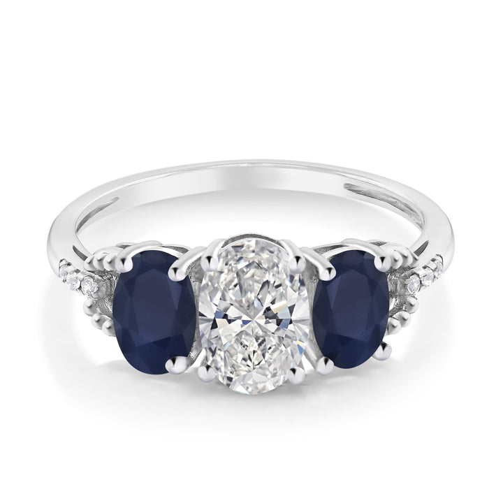 10K White Gold IGI Certified Lab Grown Diamond and Blue Sapphire 3-Stone Engagement Ring | 2.12 Cttw | Center Oval Diamond 1.00 Ct | E-F Color | VS1-VS2 Clarity