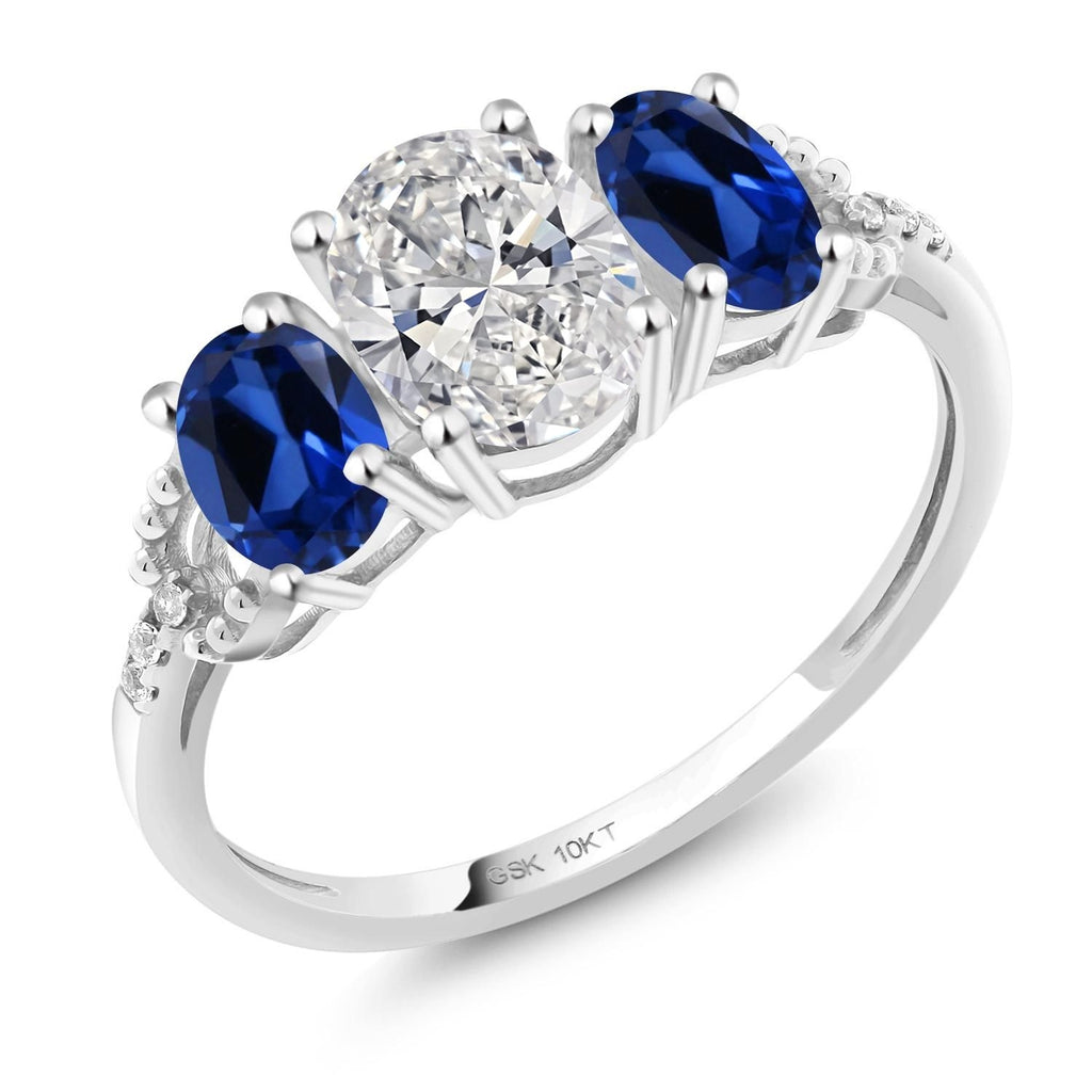 Gem Stone King 1.92 Cttw 10K White Gold Lab Grown Diamond and Blue Created Sapphire 3-Stone Engagement Ring | Center Oval Diamond 0.70 Ct | DEF Color | VVS-VS Clarity