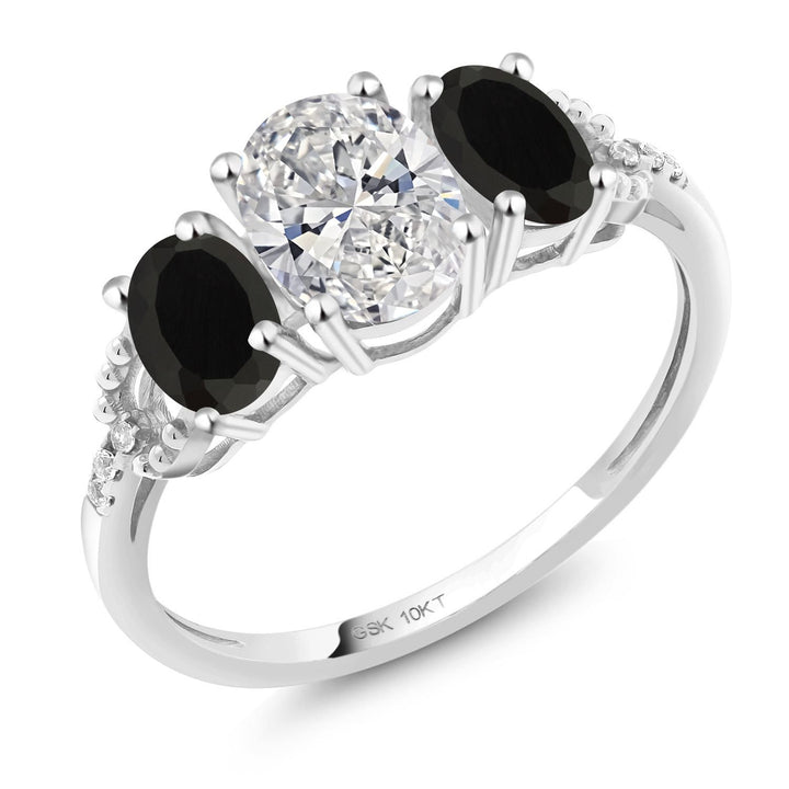 1.52 Cttw 10K White Gold Lab Grown Diamond and Black Onyx 3-Stone Engagement Ring | Center Oval Diamond 0.70 Ct | DEF Color | VVS-VS Clarity |Available in Size 5, 6, 7, 8, 9