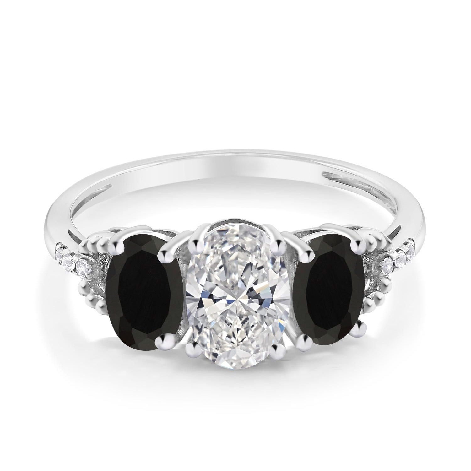 1.52 Cttw 10K White Gold Lab Grown Diamond and Black Onyx 3-Stone Engagement Ring | Center Oval Diamond 0.70 Ct | DEF Color | VVS-VS Clarity |Available in Size 5, 6, 7, 8, 9