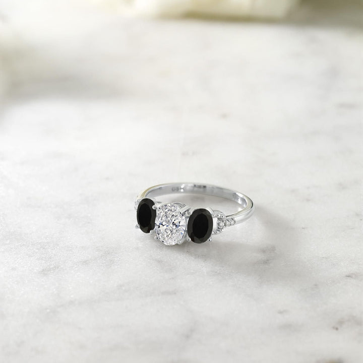 1.52 Cttw 10K White Gold Lab Grown Diamond and Black Onyx 3-Stone Engagement Ring | Center Oval Diamond 0.70 Ct | DEF Color | VVS-VS Clarity |Available in Size 5, 6, 7, 8, 9