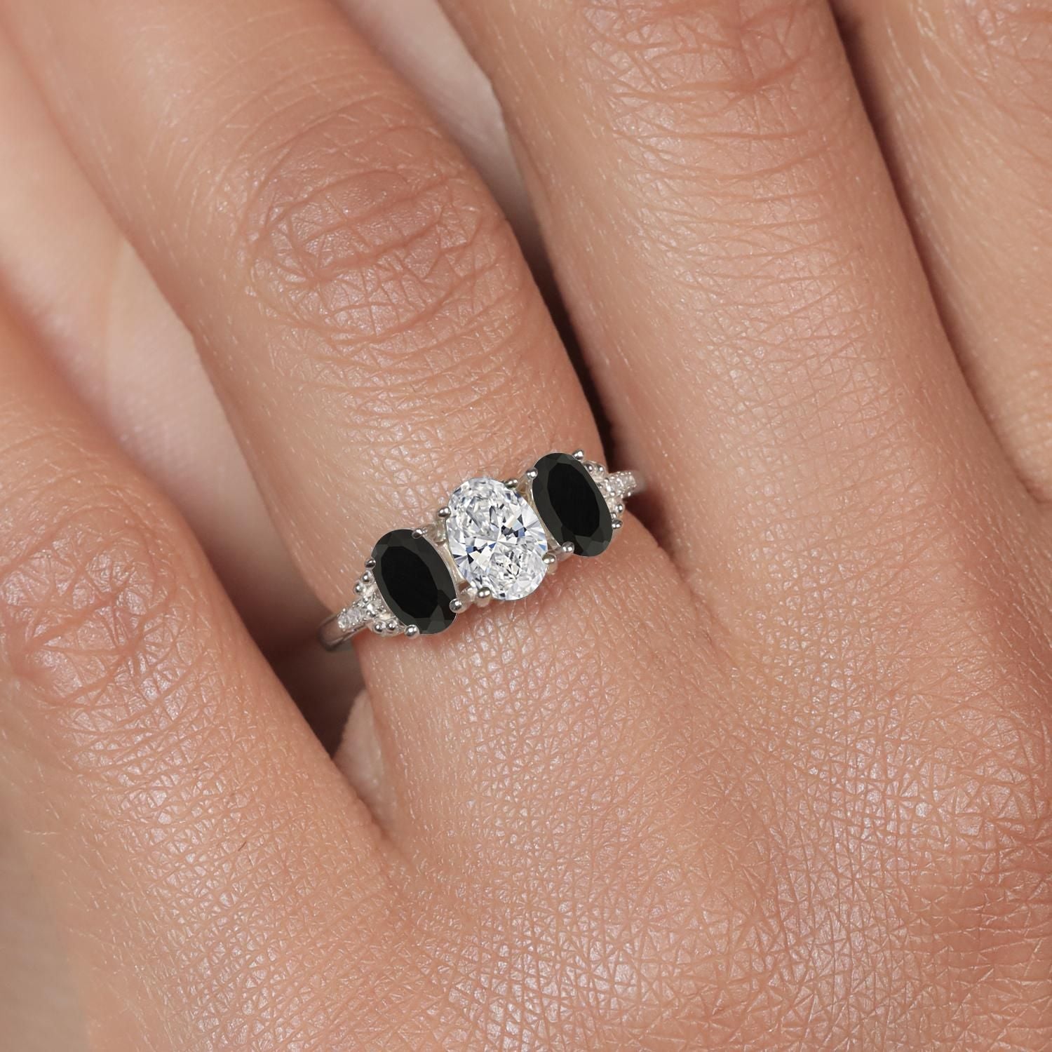 1.52 Cttw 10K White Gold Lab Grown Diamond and Black Onyx 3-Stone Engagement Ring | Center Oval Diamond 0.70 Ct | DEF Color | VVS-VS Clarity |Available in Size 5, 6, 7, 8, 9