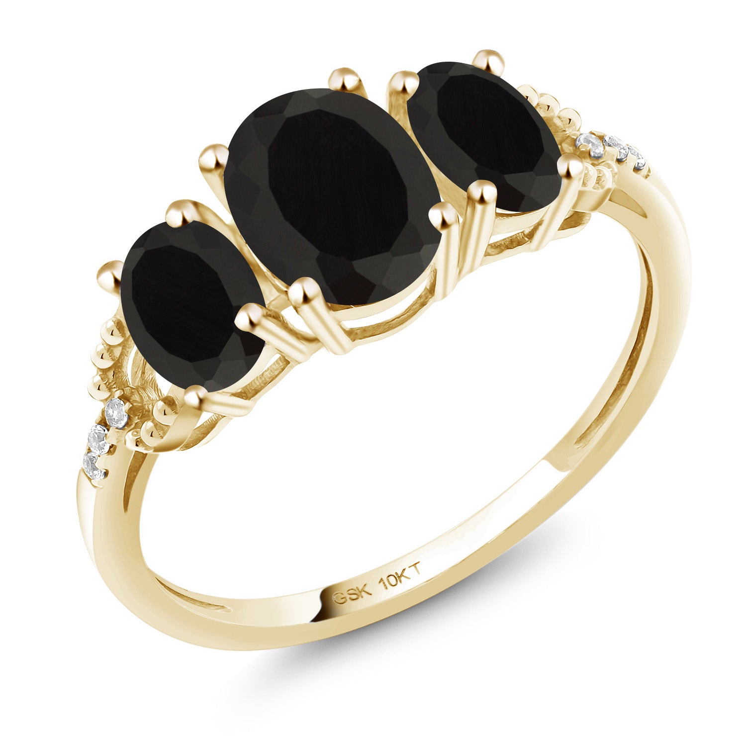 1.52 Cttw 10K Yellow Gold Oval Black Onyx and Diamond Accent 3-Stone Engagement Ring | Three Stone Wedding Anniversary Promise Ring For Women | Size 5,6,7,8,9