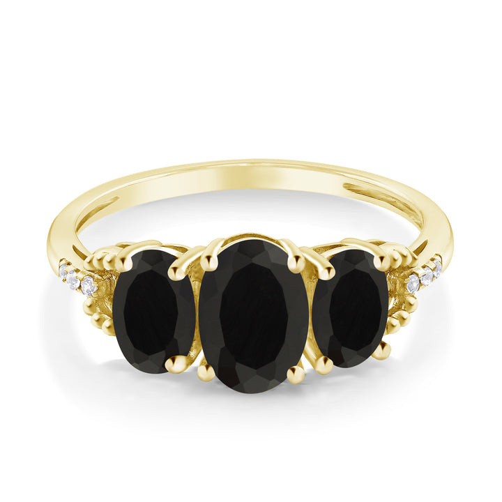 1.52 Cttw 10K Yellow Gold Oval Black Onyx and Diamond Accent 3-Stone Engagement Ring | Three Stone Wedding Anniversary Promise Ring For Women | Size 5,6,7,8,9