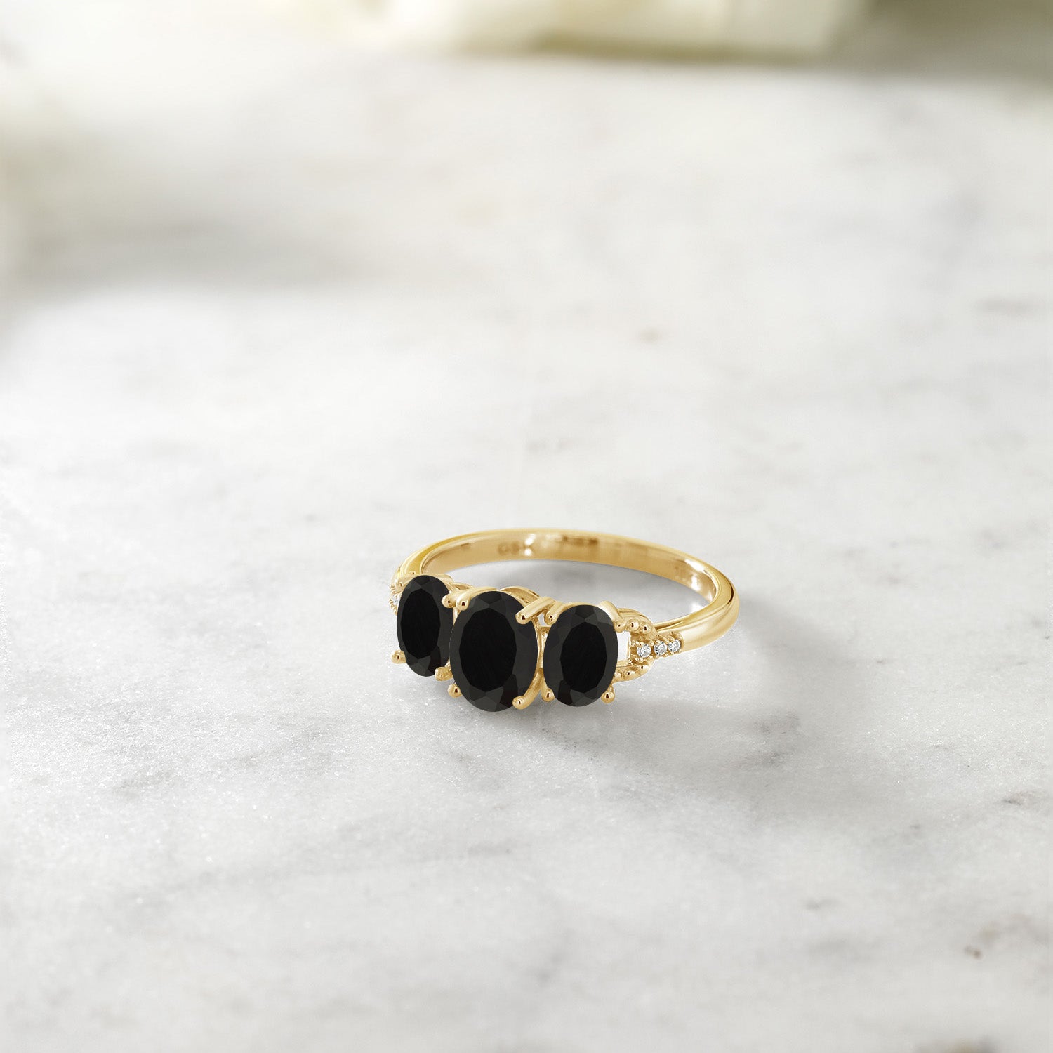 1.52 Cttw 10K Yellow Gold Oval Black Onyx and Diamond Accent 3-Stone Engagement Ring | Three Stone Wedding Anniversary Promise Ring For Women | Size 5,6,7,8,9